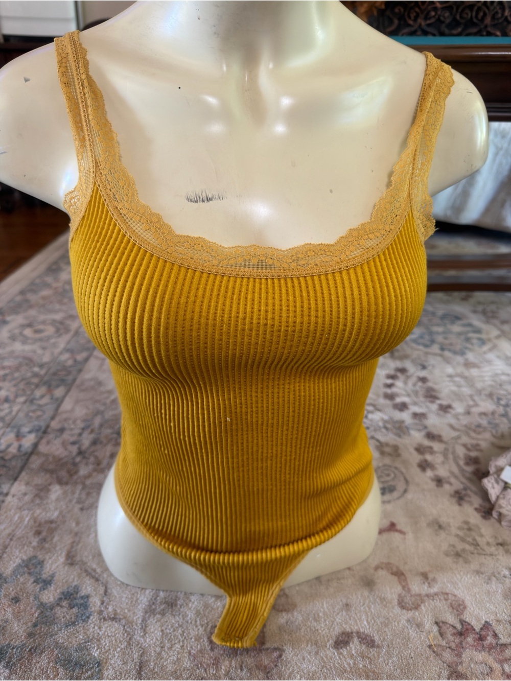 Forever 21 Ribbed Lace-Trim Bandeau Bodysuit - Mustard